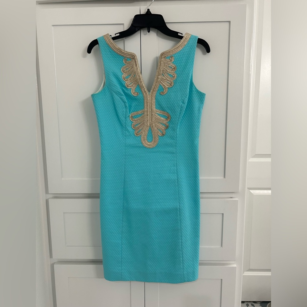 Lilly Pulitzer aqua and gold shift dress